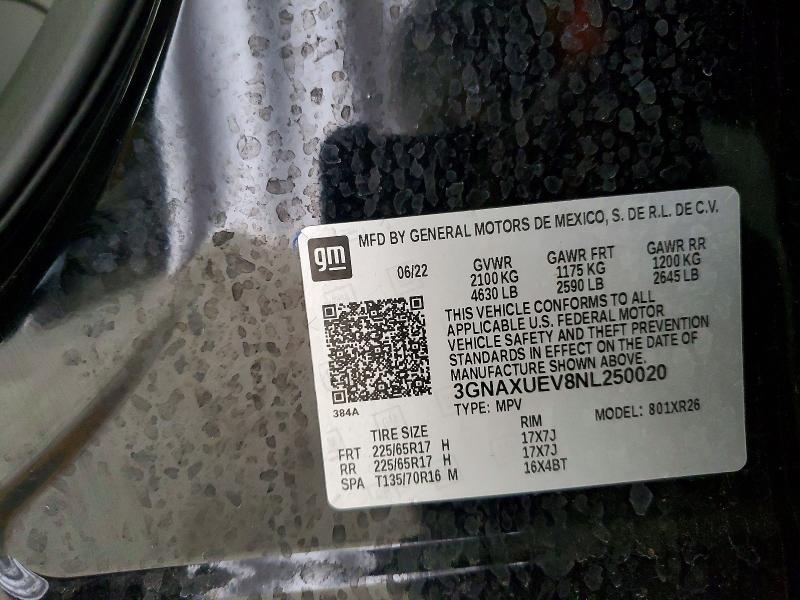 Aukcja sprzedaży 2022 Chevrolet Equinox, vin: 3GNAXUEV8NL250020, numer aukcji: 58386296