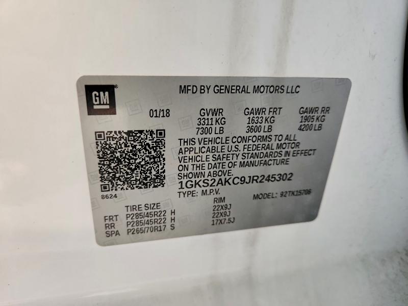 57138556 :رقم المزاد ، 1GKS2AKC9JR245302 vin ، 2018 Gmc Yukon مزاد بيع