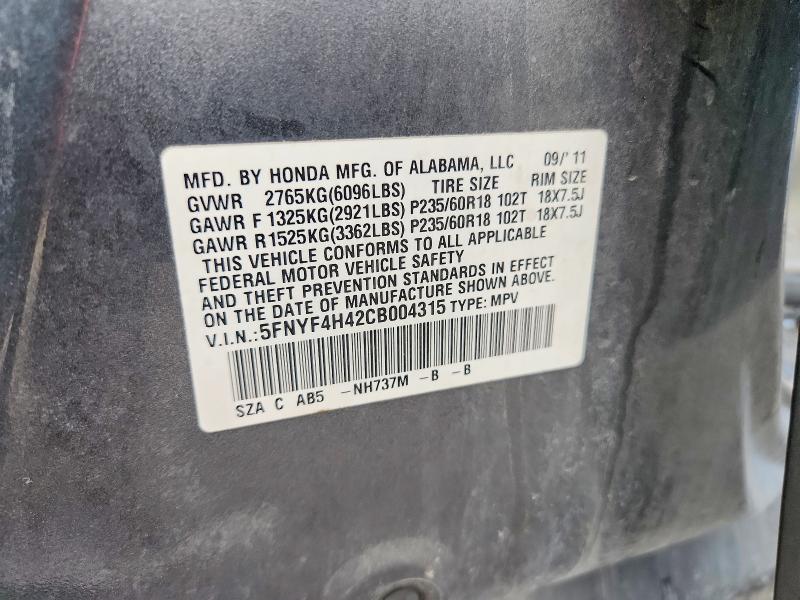59276116 :رقم المزاد ، 5FNYF4H42CB004315 vin ، 2012 Honda Pilot مزاد بيع