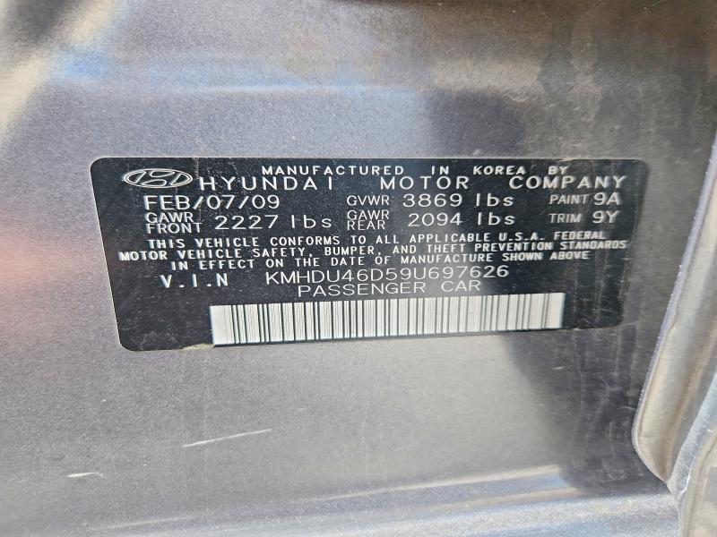 2009 Hyundai Elantra მანქანა იყიდება აუქციონზე, vin: KMHDU46D59U697626, აუქციონის ნომერი: 56133386