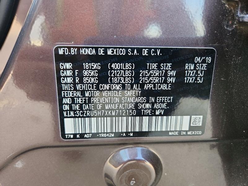2019 Honda Hr-v მანქანა იყიდება აუქციონზე, vin: 3CZRU5H7XKM712150, აუქციონის ნომერი: 56353846