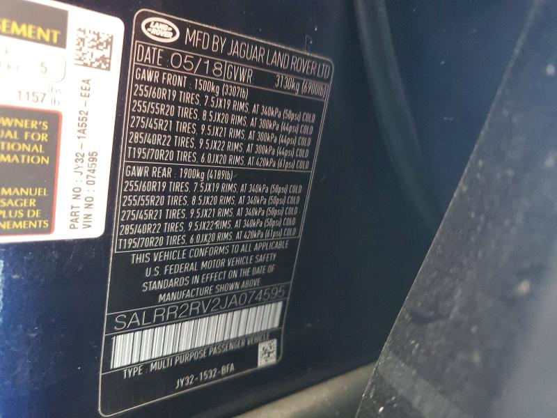 55657576 :رقم المزاد ، SALRR2RV2JA074595 vin ، 2018 Land Rover Discovery مزاد بيع
