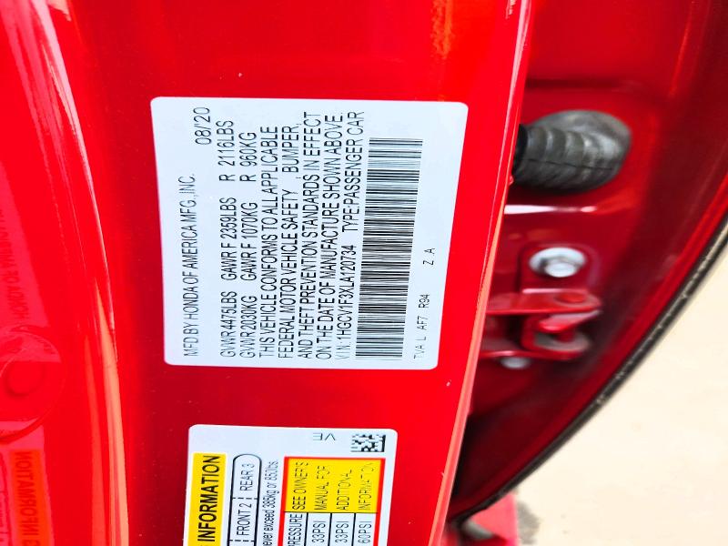 58924586 :رقم المزاد ، 1HGCV1F3XLA120734 vin ، 2020 Honda Accord مزاد بيع
