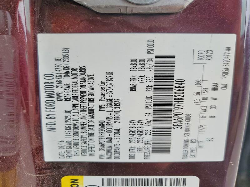 Продаж на аукціоні авто 2017 Ford Fusion, vin: 3FA6P0T97HR206840, номер лоту: 56886016