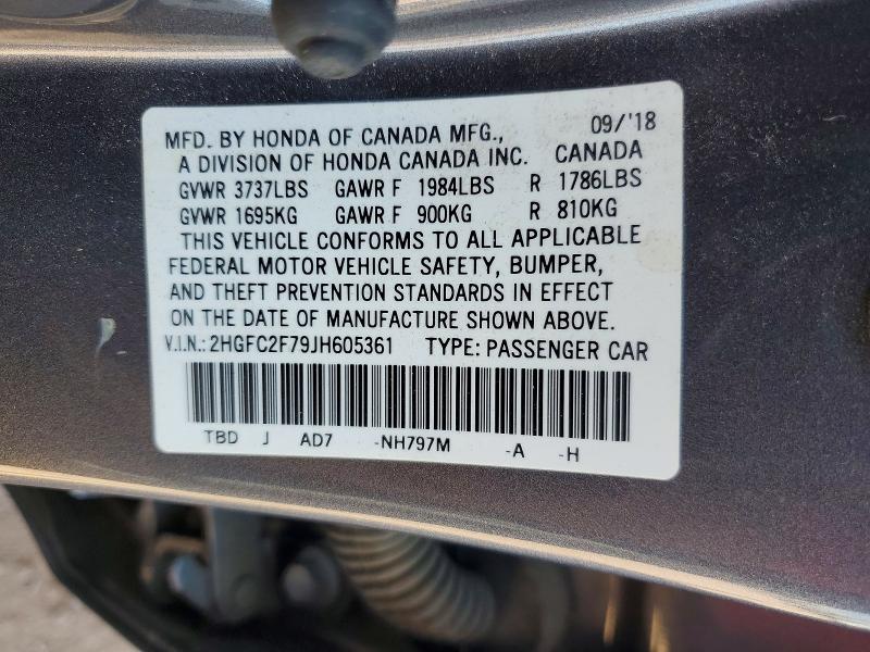 Auction sale of the 2018 Honda Civic, vin: 2HGFC2F79JH605361, lot number: 59146656