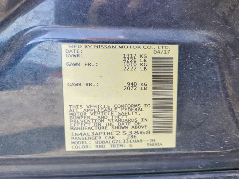 2017 Nissan Altima მანქანა იყიდება აუქციონზე, vin: 1N4AL3AP1HC253868, აუქციონის ნომერი: 56058596