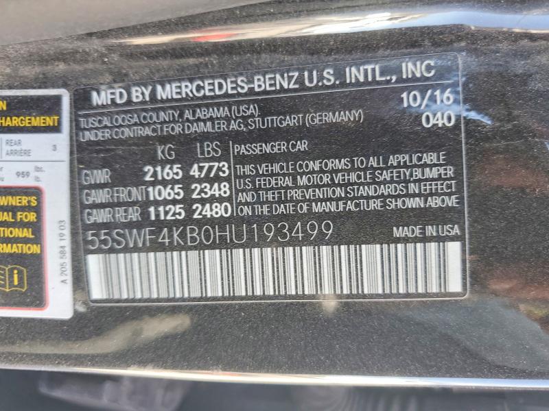 2017 Mercedes-benz C მანქანა იყიდება აუქციონზე, vin: 55SWF4KB0HU193499, აუქციონის ნომერი: 57391766
