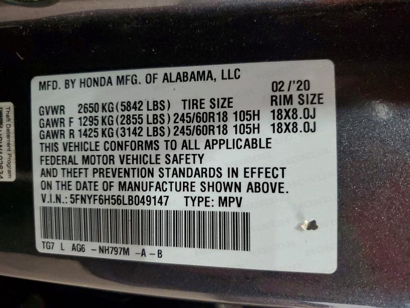 55728786 :رقم المزاد ، 5FNYF6H56LB049147 vin ، 2020 Honda Pilot مزاد بيع
