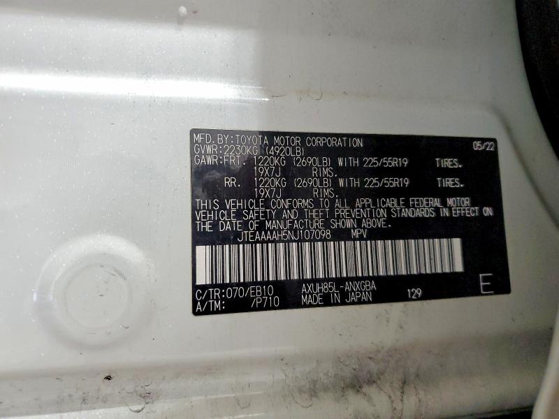 57659686 :رقم المزاد ، JTEAAAAH5NJ107098 vin ، 2022 Toyota Venza مزاد بيع