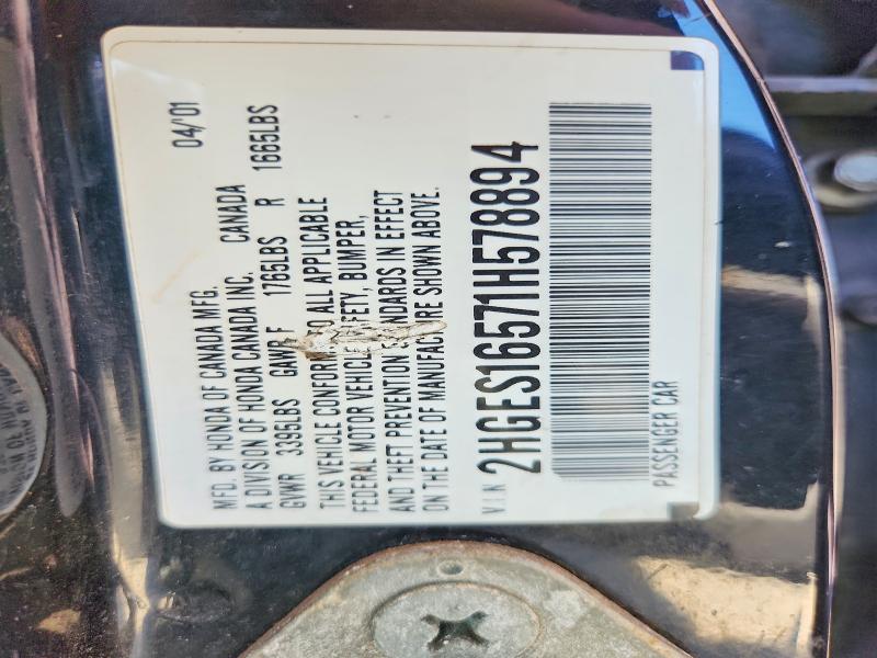 Aukcja sprzedaży 2001 Honda Civic, vin: 2HGES16571H578894, numer aukcji: 57081866