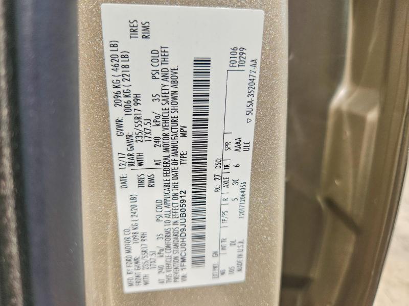 2018 Ford Escape მანქანა იყიდება აუქციონზე, vin: 1FMCU0HD9JUB05912, აუქციონის ნომერი: 56769196