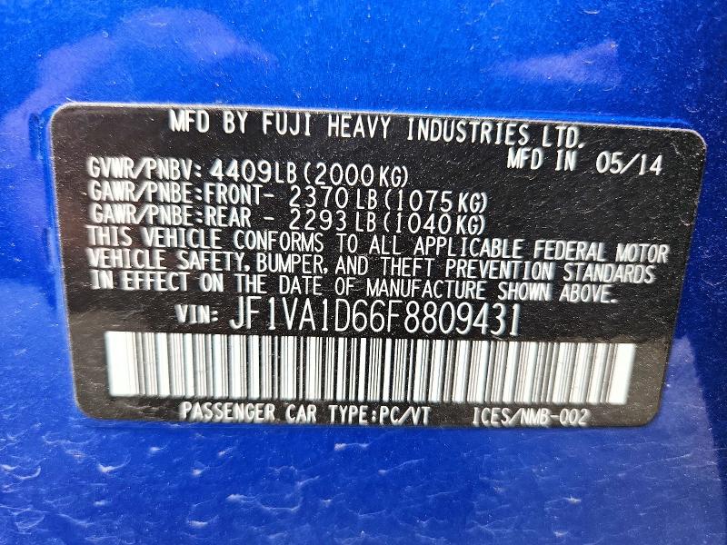 2015 Subaru Wrx მანქანა იყიდება აუქციონზე, vin: JF1VA1D66F8809431, აუქციონის ნომერი: 56022066