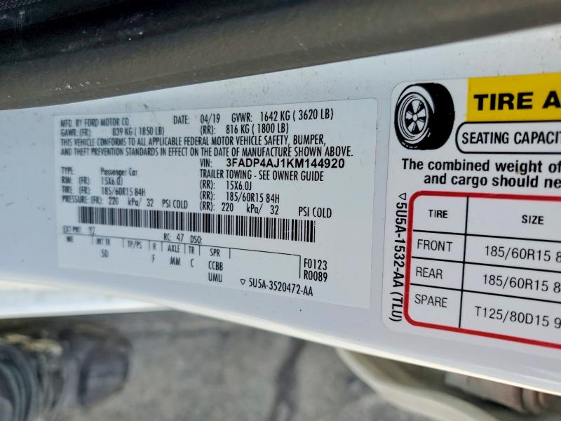 2019 Ford Fiesta მანქანა იყიდება აუქციონზე, vin: 3FADP4AJ1KM144920, აუქციონის ნომერი: 55670646