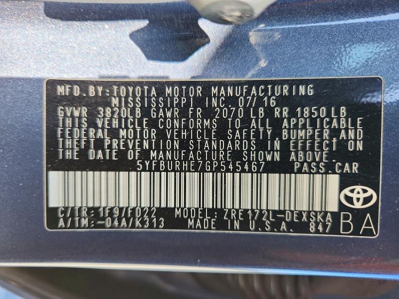 Продажа на аукционе авто 2016 Toyota Corolla, vin: 5YFBURHE7GP545467, номер лота: 56541796