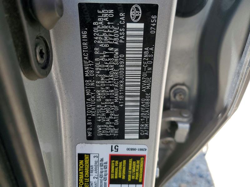 55538036 :رقم المزاد ، 4T1B11HK8JU008970 vin ، 2018 Toyota Camry مزاد بيع