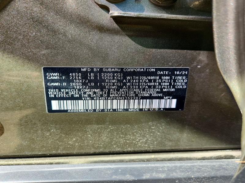 57085666 :رقم المزاد ، 4S4BTAPC6N3152307 vin ، 2022 Subaru Outback مزاد بيع