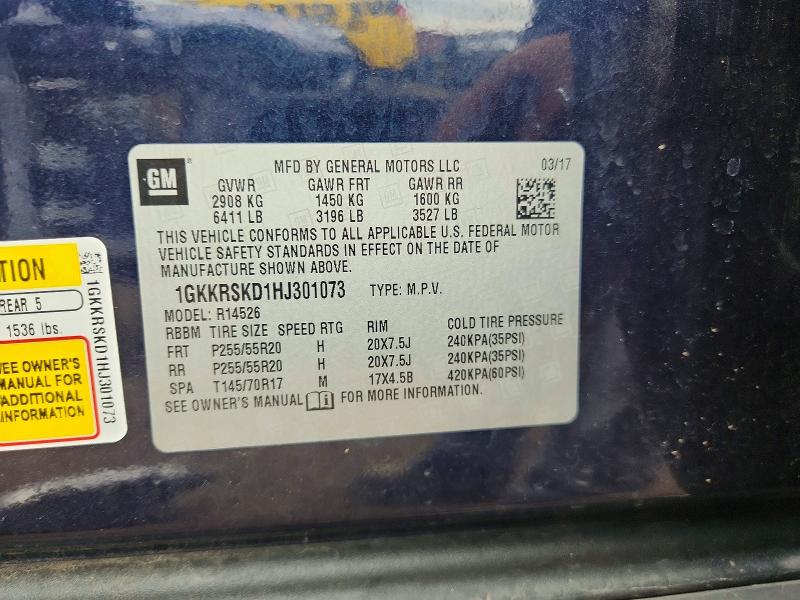55797946 :رقم المزاد ، 1GKKRSKD1HJ301073 vin ، 2017 Gmc Acadia Limited مزاد بيع