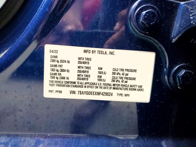 57336036 :رقم المزاد ، 7SAYGDEEXNF429524 vin ، 2022 Tesla Model Y مزاد بيع