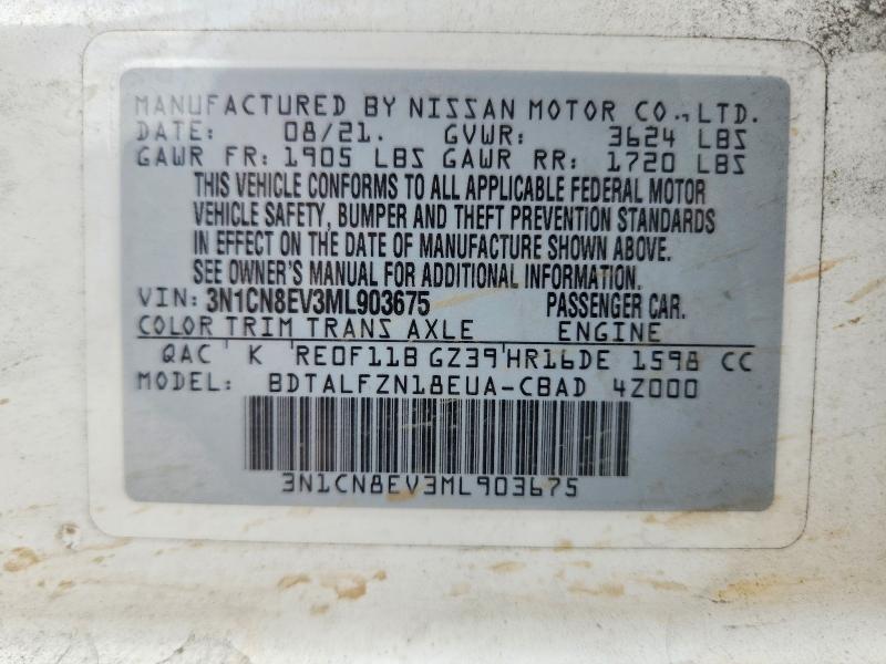 2021 Nissan Versa მანქანა იყიდება აუქციონზე, vin: 3N1CN8EV3ML903675, აუქციონის ნომერი: 57672846