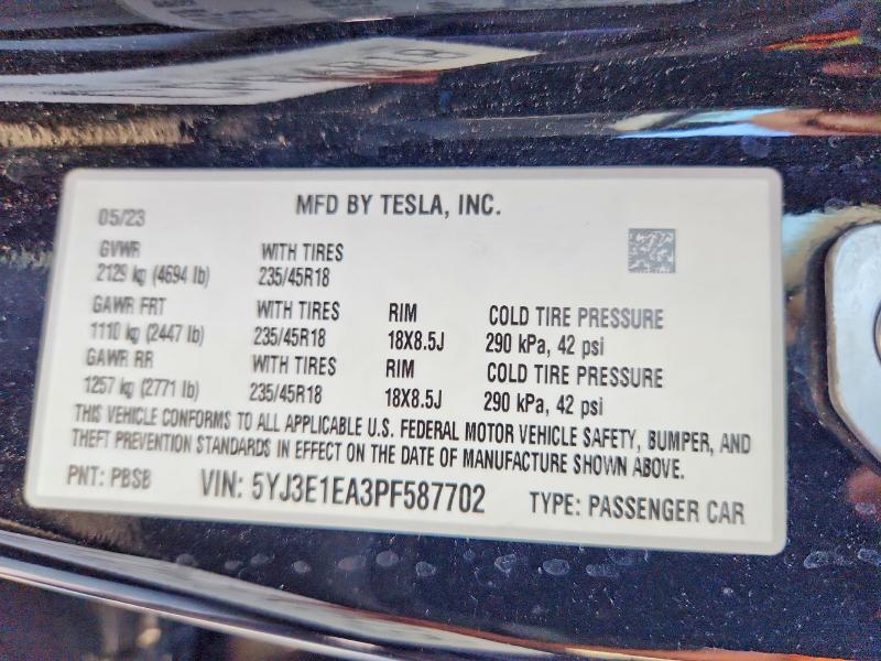 Aukcja sprzedaży 2023 Tesla Model 3, vin: 5YJ3E1EA3PF587702, numer aukcji: 49457996