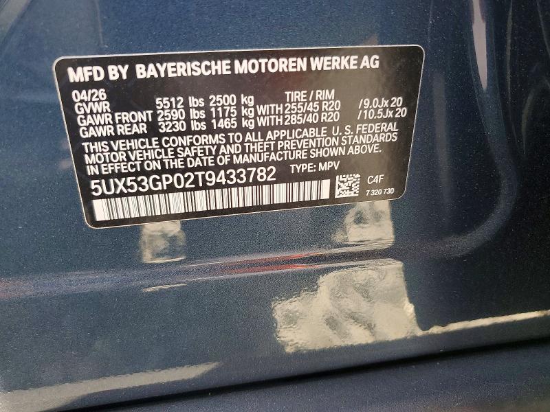 2026 Bmw X3 მანქანა იყიდება აუქციონზე, vin: 5UX53GP02T9433782, აუქციონის ნომერი: 55609816