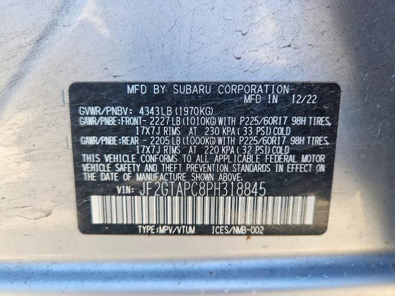 2023 Subaru Crosstrek მანქანა იყიდება აუქციონზე, vin: JF2GTAPC8PH318845, აუქციონის ნომერი: 57951516