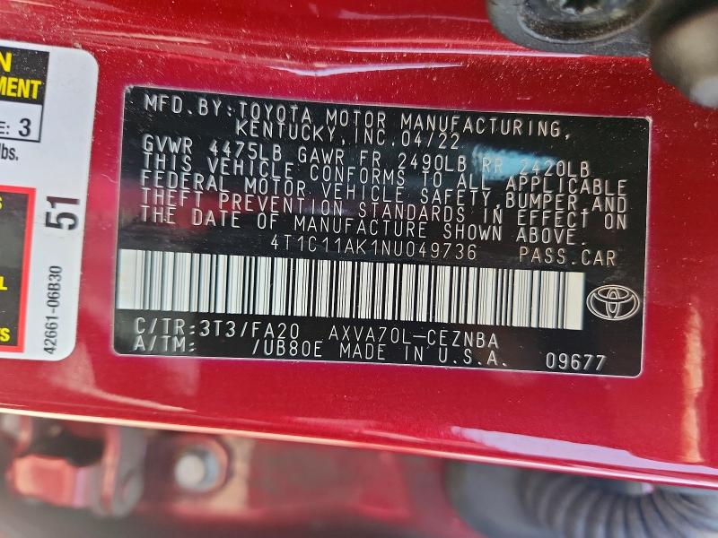 2022 Toyota Camry მანქანა იყიდება აუქციონზე, vin: 4T1C11AK1NU049736, აუქციონის ნომერი: 58138806