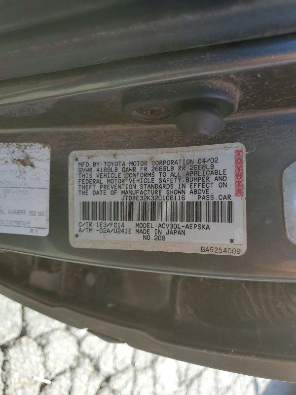 Продажа на аукционе авто 2002 Toyota Camry, vin: JTDBE32K320106116, номер лота: 56074346