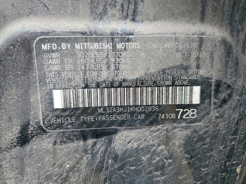 2019 Mitsubishi Mirage მანქანა იყიდება აუქციონზე, vin: ML32A3HJ1KH002836, აუქციონის ნომერი: 58534406