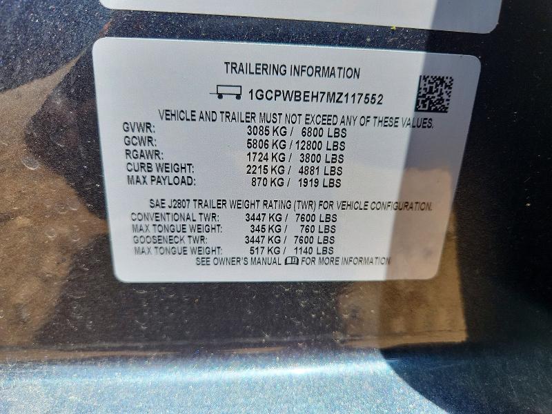 56609306 :رقم المزاد ، 1GCPWBEH7MZ117552 vin ، 2021 Chevrolet Silverado مزاد بيع