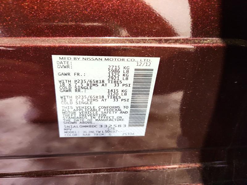 58101346 :رقم المزاد ، 5N1AL0MM8DC332583 vin ، 2013 Infiniti Jx35 مزاد بيع