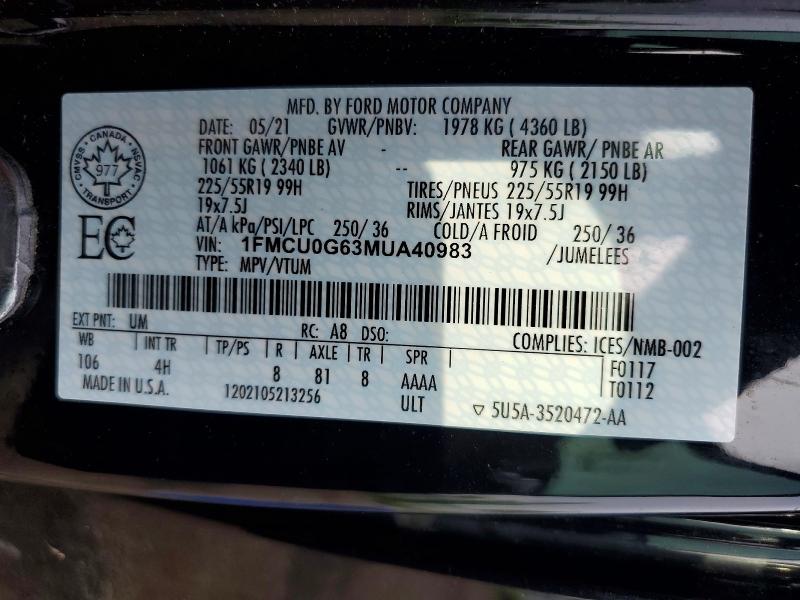 Aukcja sprzedaży 2021 Ford Escape, vin: 1FMCU0G63MUA40983, numer aukcji: 56268346