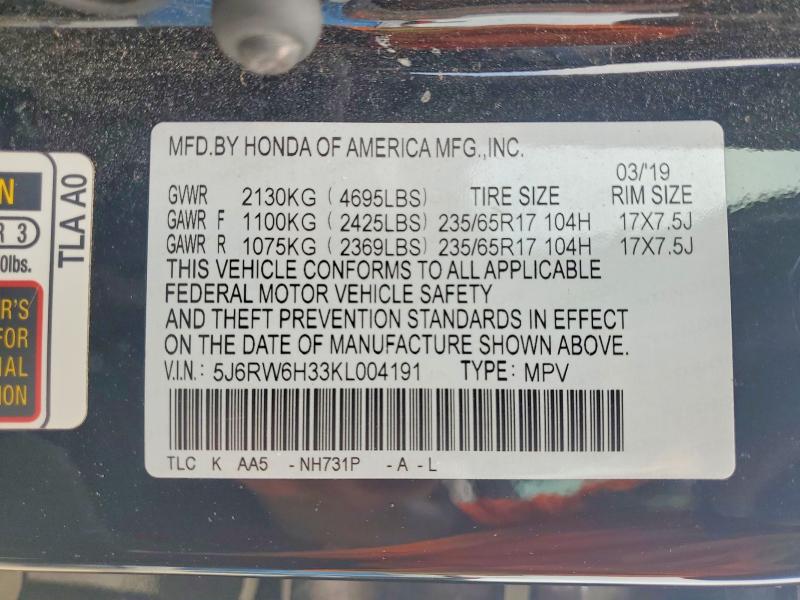 56324816 :رقم المزاد ، 5J6RW6H33KL004191 vin ، 2019 Honda Cr-v مزاد بيع