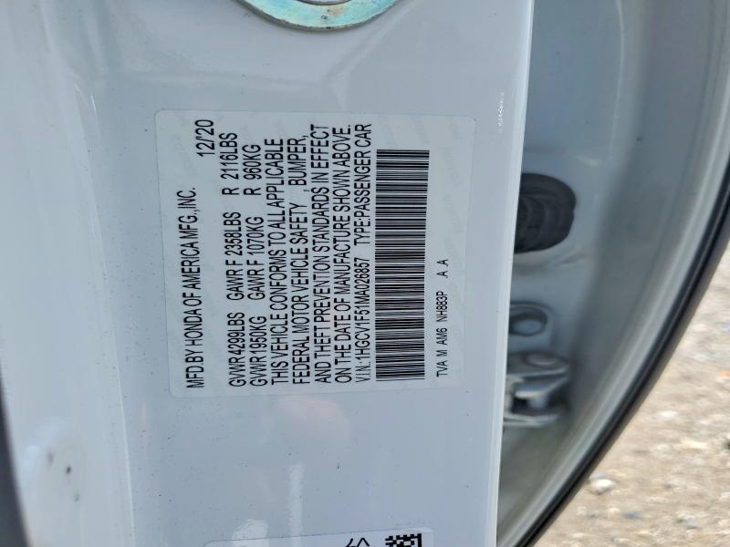 Продажа на аукционе авто 2021 Honda Accord, vin: 1HGCV1F51MA026857, номер лота: 57584066