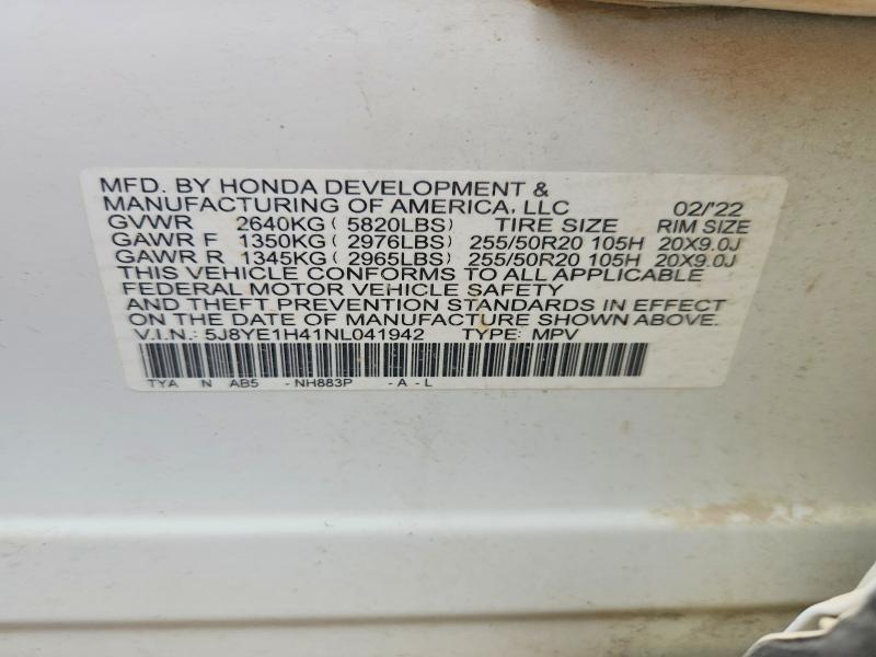 55857636 :رقم المزاد ، 5J8YE1H41NL041942 vin ، 2022 Acura Mdx مزاد بيع