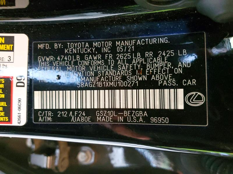 2021 Lexus Es 350 მანქანა იყიდება აუქციონზე, vin: 58AGZ1B1XMU100271, აუქციონის ნომერი: 57235236