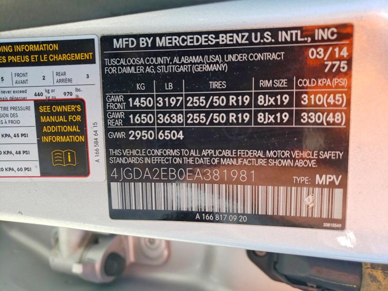 2014 Mercedes-benz Ml მანქანა იყიდება აუქციონზე, vin: 4JGDA2EB0EA381981, აუქციონის ნომერი: 55903286
