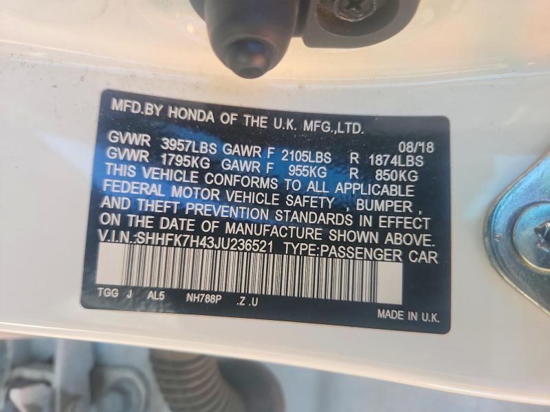 58802026 :رقم المزاد ، SHHFK7H43JU236521 vin ، 2018 Honda Civic مزاد بيع