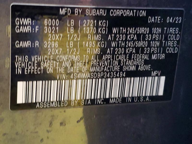56667286 :رقم المزاد ، 4S4WMASD9P3435494 vin ، 2023 Subaru Ascent مزاد بيع