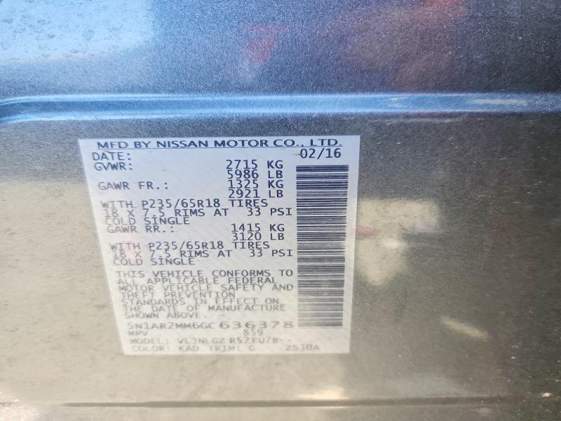 2016 Nissan Pathfinder მანქანა იყიდება აუქციონზე, vin: 5N1AR2MM6GC636378, აუქციონის ნომერი: 55962666