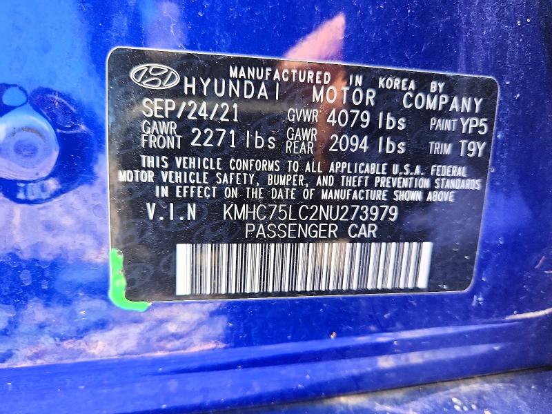 2022 Hyundai Ioniq მანქანა იყიდება აუქციონზე, vin: KMHC75LC2NU273979, აუქციონის ნომერი: 57530126