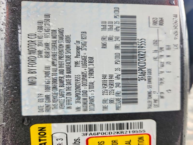 2019 Ford Fusion მანქანა იყიდება აუქციონზე, vin: 3FA6P0CD2KR219555, აუქციონის ნომერი: 57404106