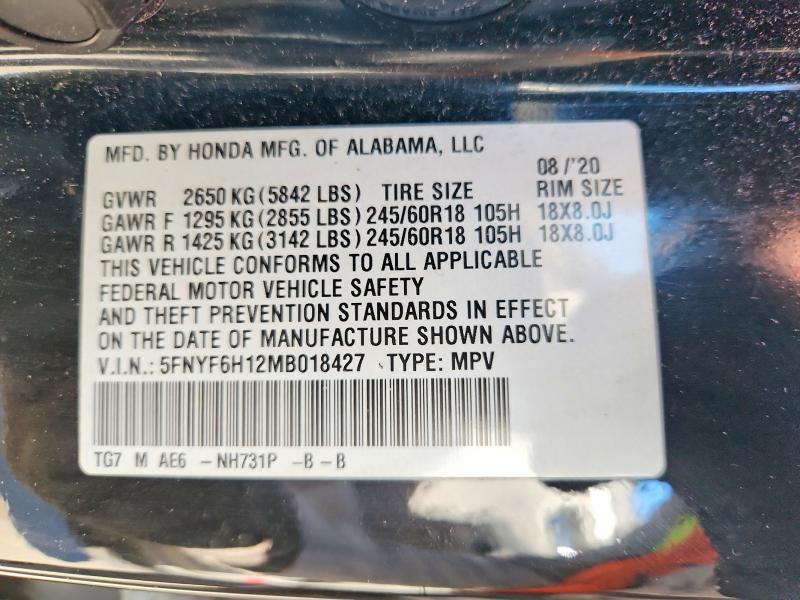 Продаж на аукціоні авто 2021 Honda Pilot, vin: 5FNYF6H12MB018427, номер лоту: 56212746