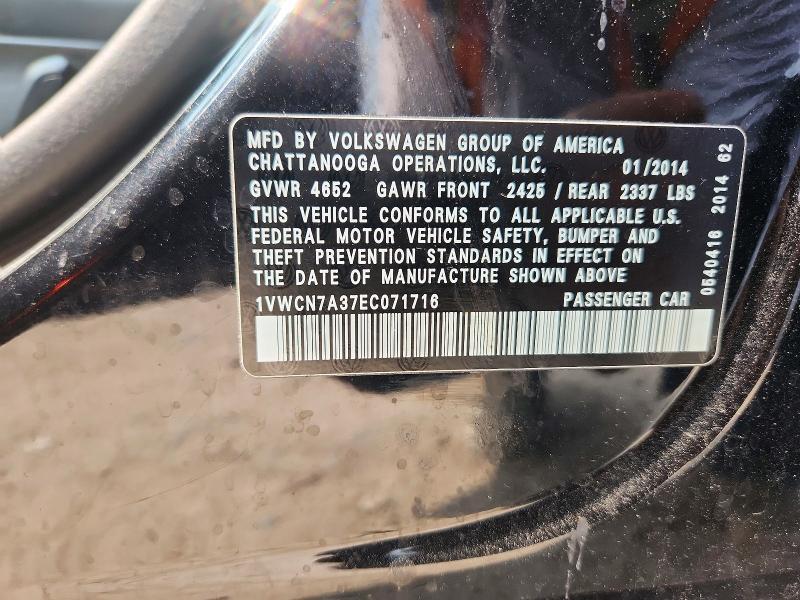 Aukcja sprzedaży 2014 Volkswagen Passat, vin: 1VWCN7A37EC071716, numer aukcji: 58504766