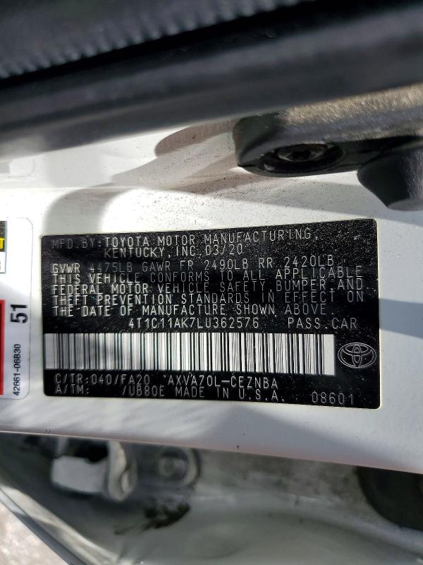 Продажа на аукционе авто 2020 Toyota Camry, vin: 4T1C11AK7LU362576, номер лота: 57083596