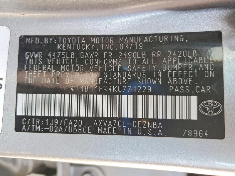 Продаж на аукціоні авто 2019 Toyota Camry, vin: 4T1B11HK4KU771229, номер лоту: 58426746