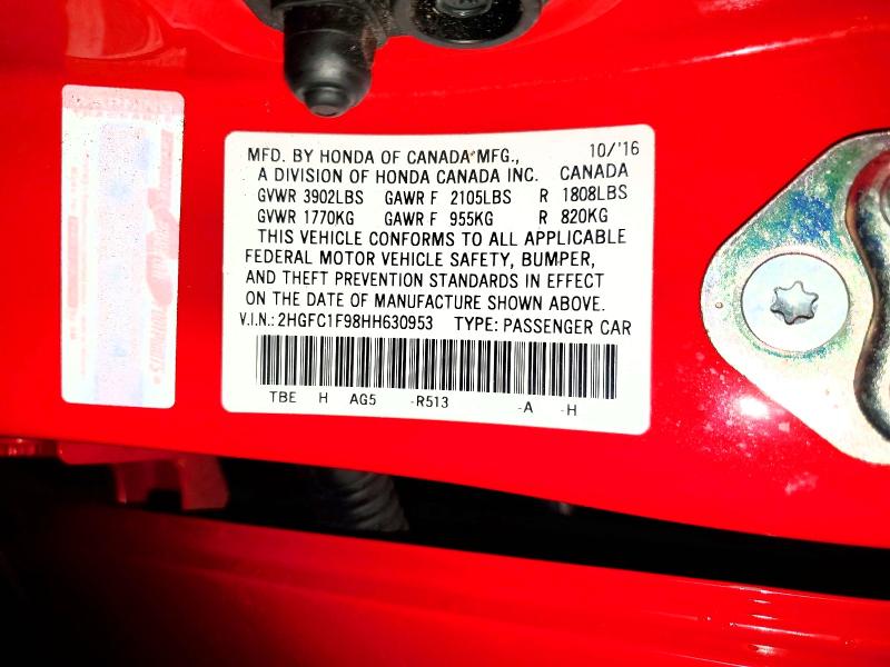 Продаж на аукціоні авто 2017 Honda Civic, vin: 2HGFC1F98HH630953, номер лоту: 55592186