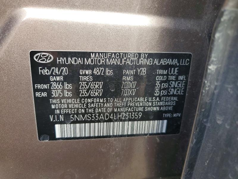 57244676 :رقم المزاد ، 5NMS33AD4LH231359 vin ، 2020 Hyundai Santa Fe مزاد بيع