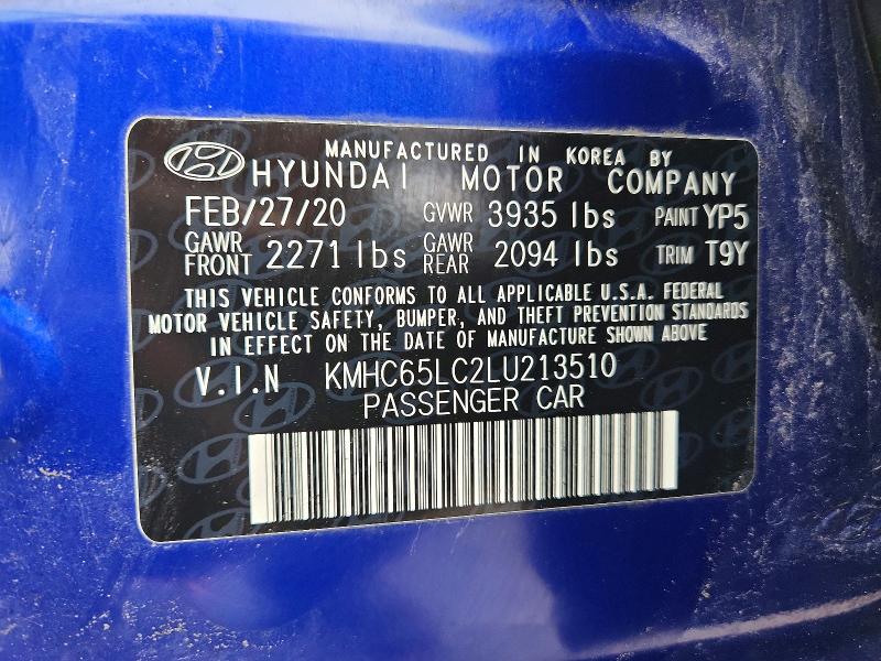 57422896 :رقم المزاد ، KMHC65LC2LU213510 vin ، 2020 Hyundai Ioniq مزاد بيع