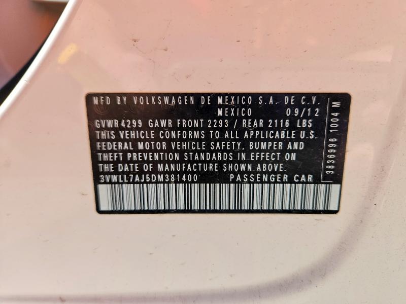 57927976 :رقم المزاد ، 3VWLL7AJ5DM381400 vin ، 2013 Volkswagen Jetta مزاد بيع